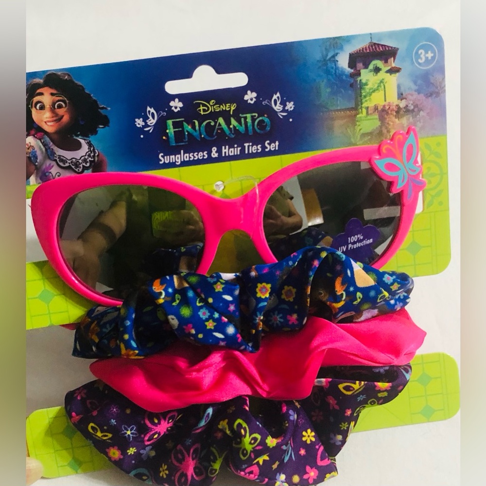 Disney Princess Encanto  girl’s sunglasses:  3 soft hair ties pink.3+